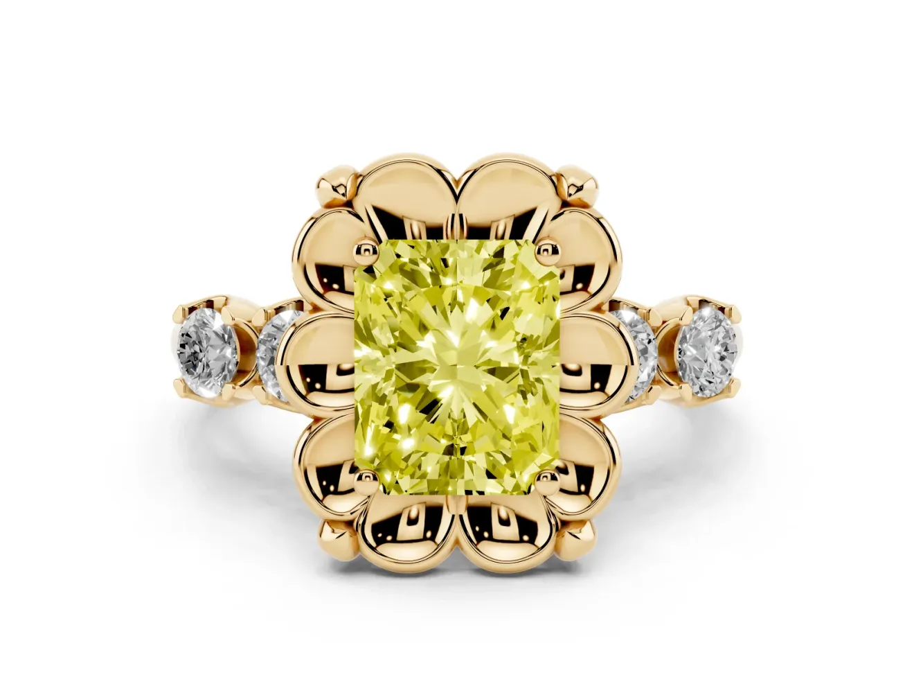Fancy Yellow Radiant Cut Diamond Floral Halo Ring Set in Yellow gold with Shared Prong Band