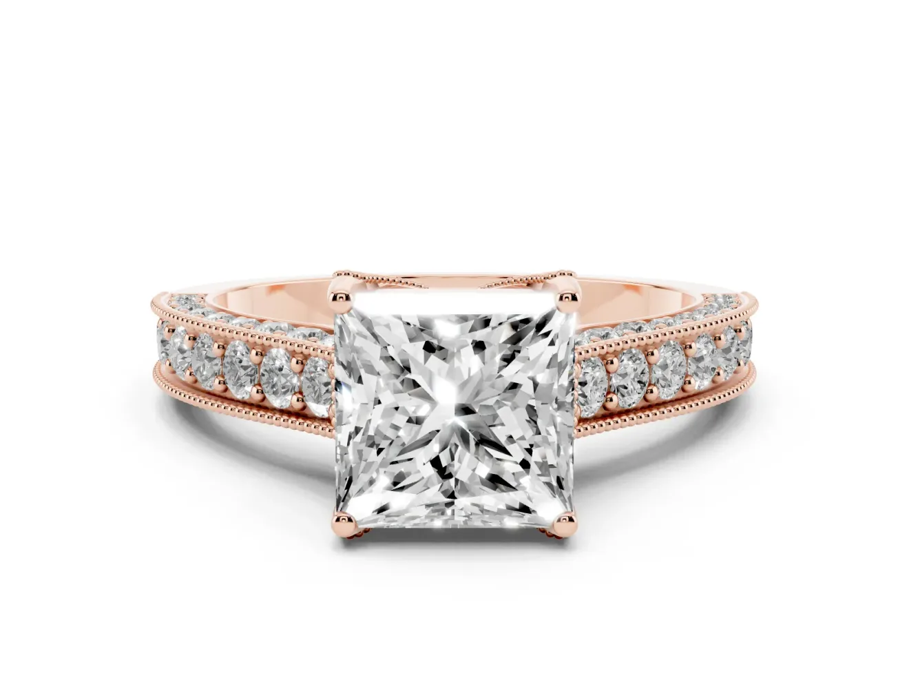 Princess Cut Vintage Hidden Halo Engagement Ring Setting | Milgrain Pave Band | Rose Gold