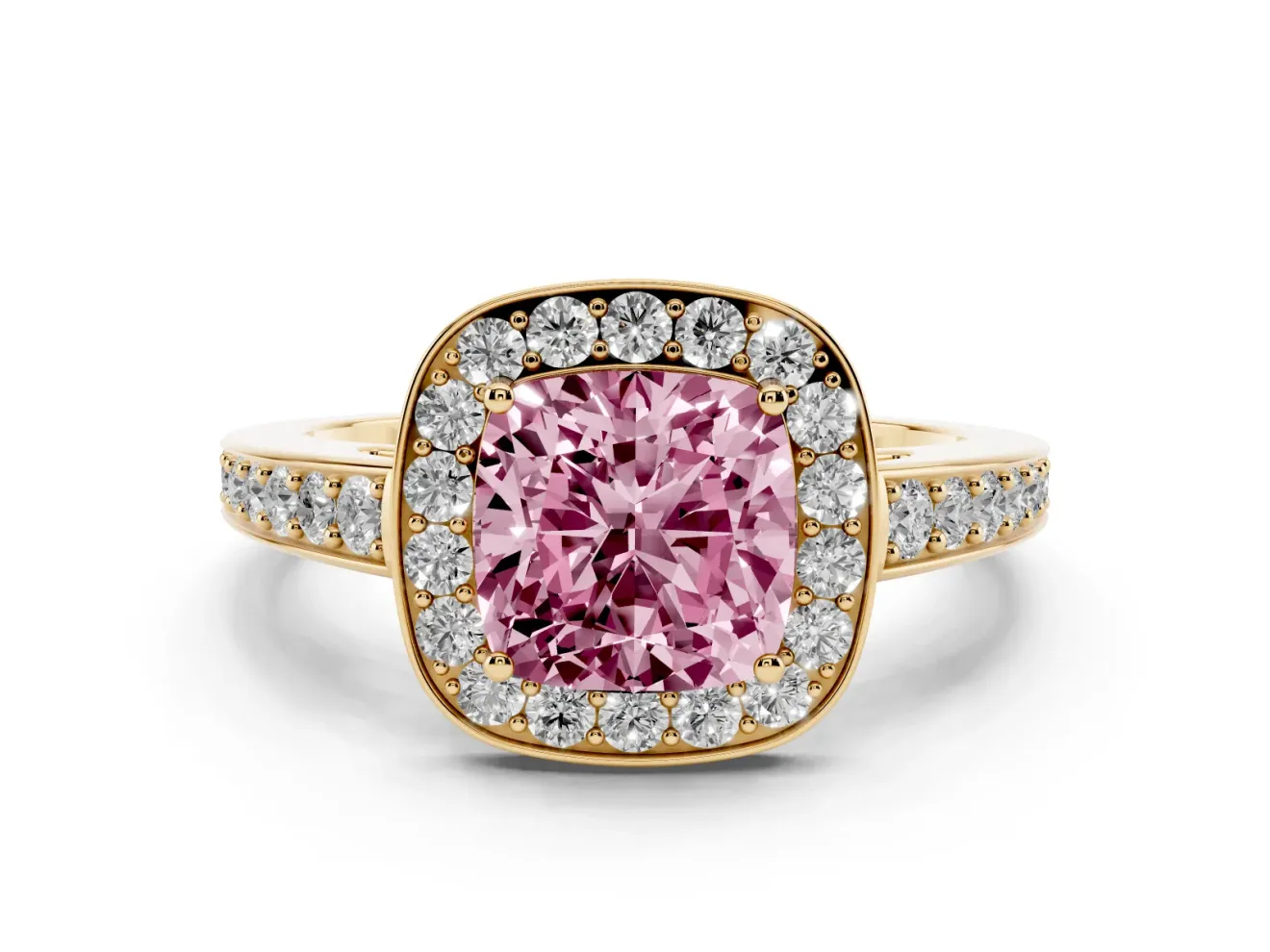 Fancy Pink Cushion Cut Diamond Halo Pavé Engagement Ring Set in Yellow gold with Bezel Setting