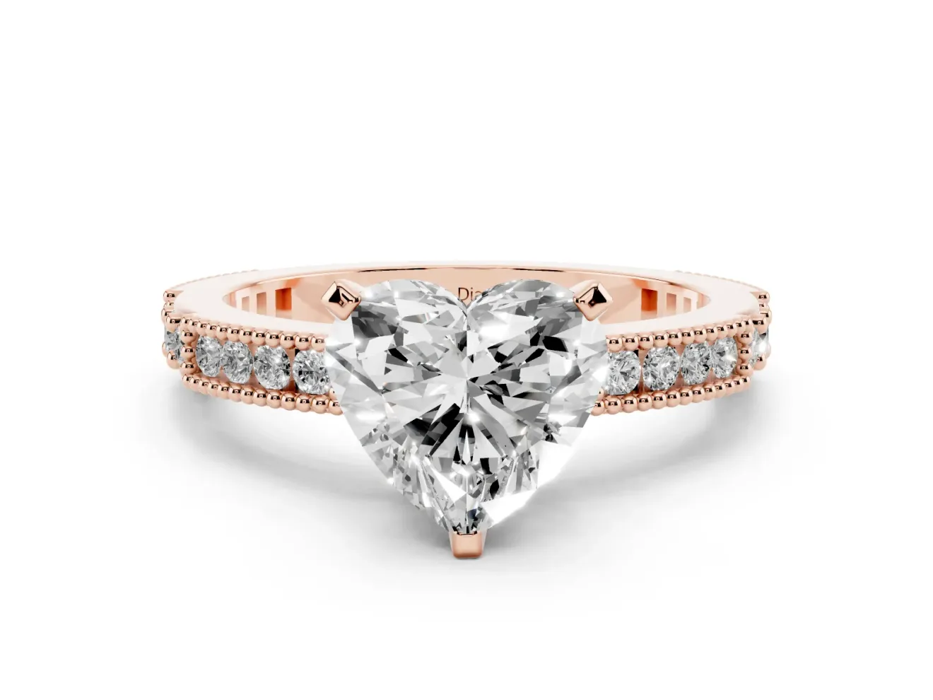 Heart-Shaped Vintage Pavé Solitaire Engagement Ring Setting | Milgrain Edges | Rose Gold