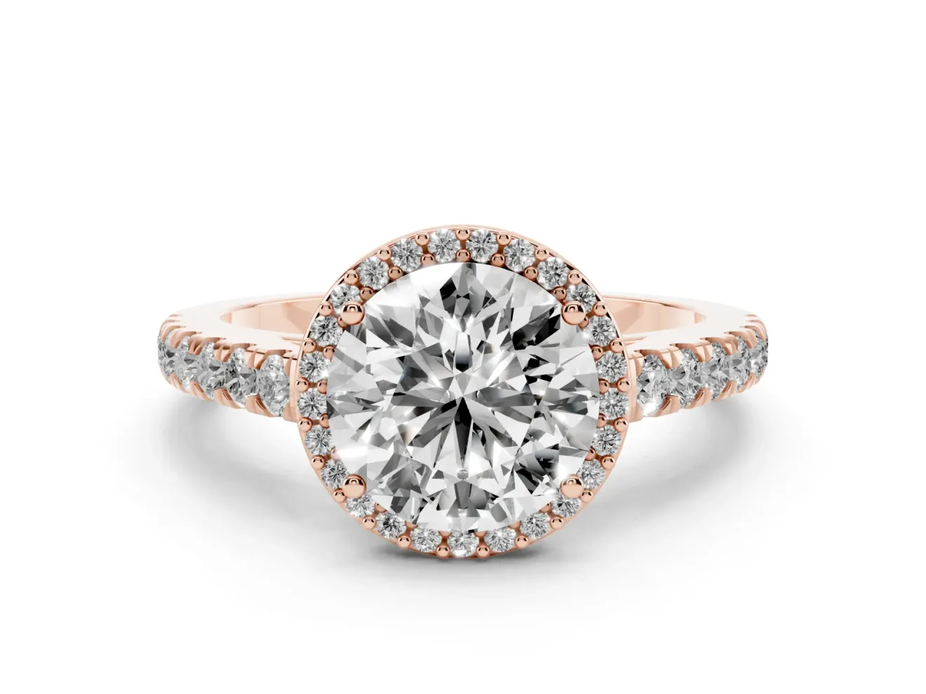 Round Cut Diamond Halo Engagement Ring Set in Rose gold with Pavé Band and Prong Setting