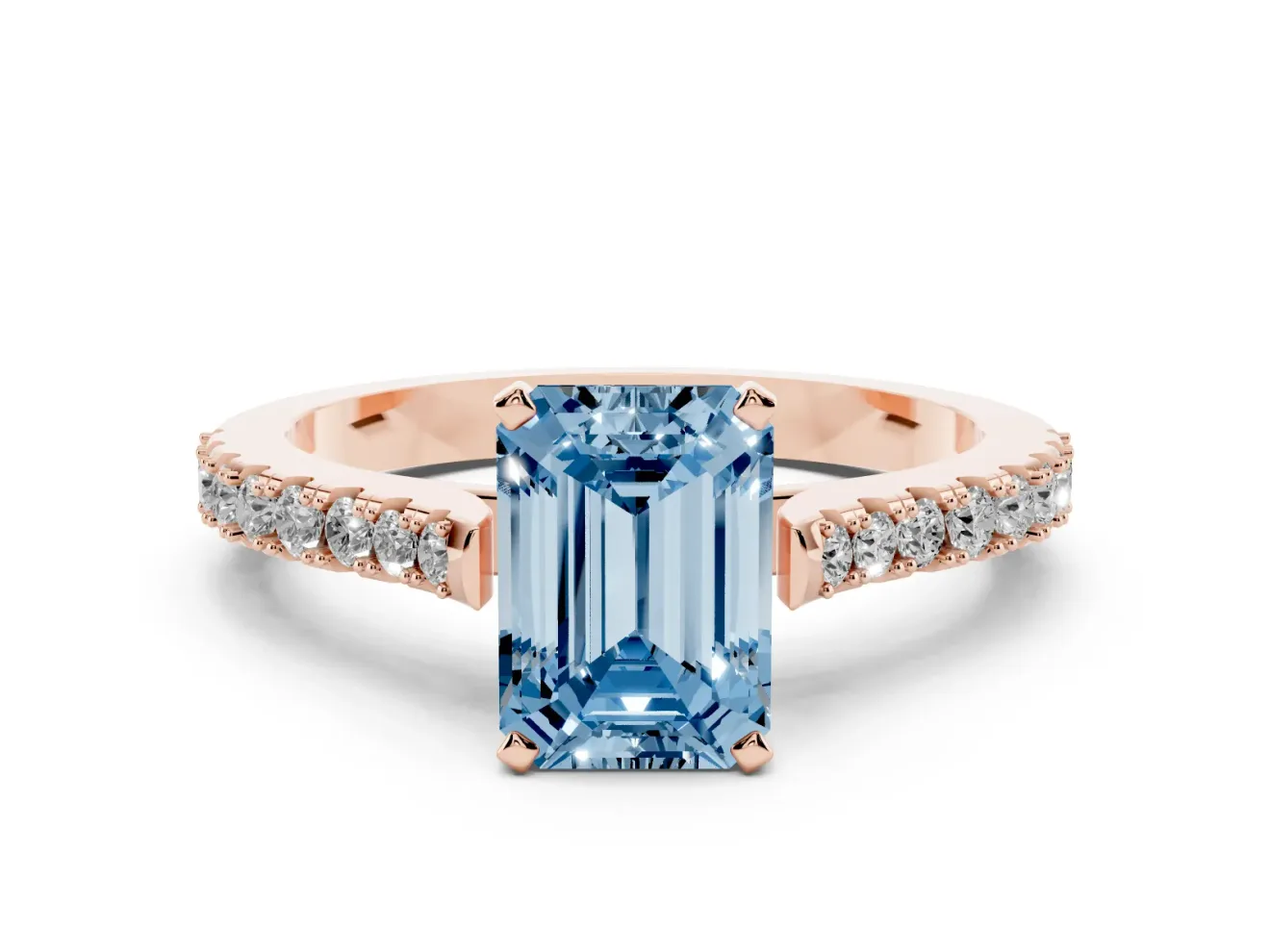 Fancy Blue Emerald Cut Diamond Solitaire Engagement Ring Set in Rose gold with Delicate Pavé Band and Prong Setting