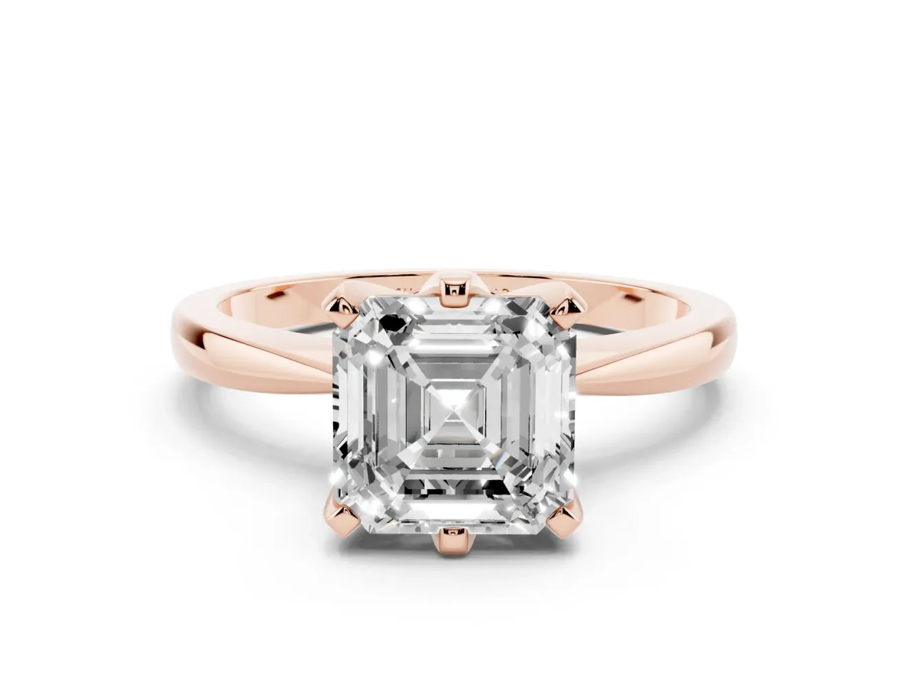 Asscher Cut Diamond Solitaire Engagement Ring Set in Rose gold with Slim Tapered Solitaire Band