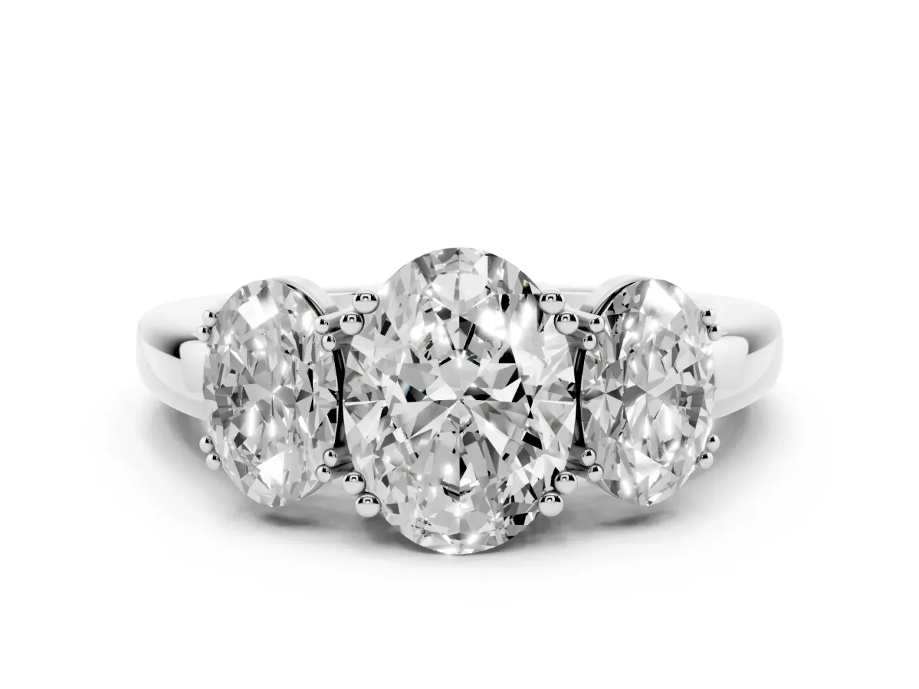 Oval Cut Diamond Three-Stone Ring Set in Platinum with Polished Band and Prong Setting