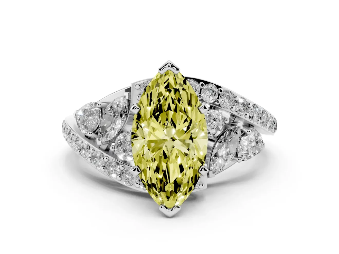 Fancy Yellow Marquise Cut Diamond Halo Ring Set in White gold with Marquise and Pavé Band in Prong Setting