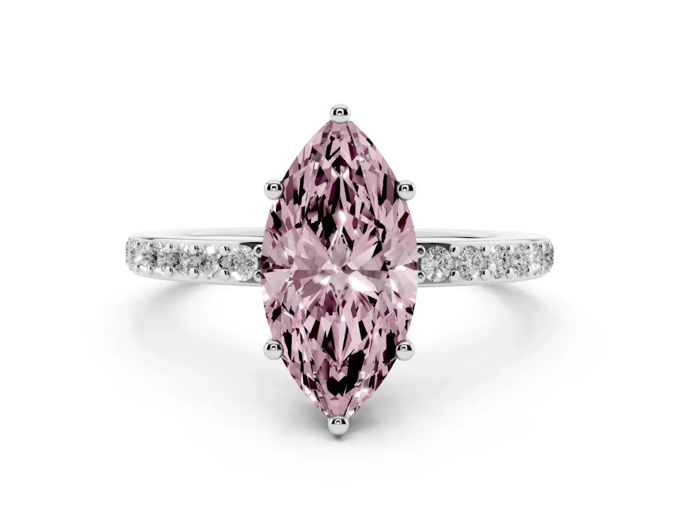 Fancy Pink Marquise Cut Diamond Pavé Band Ring Set in Silver with Prong-Set Center Stone