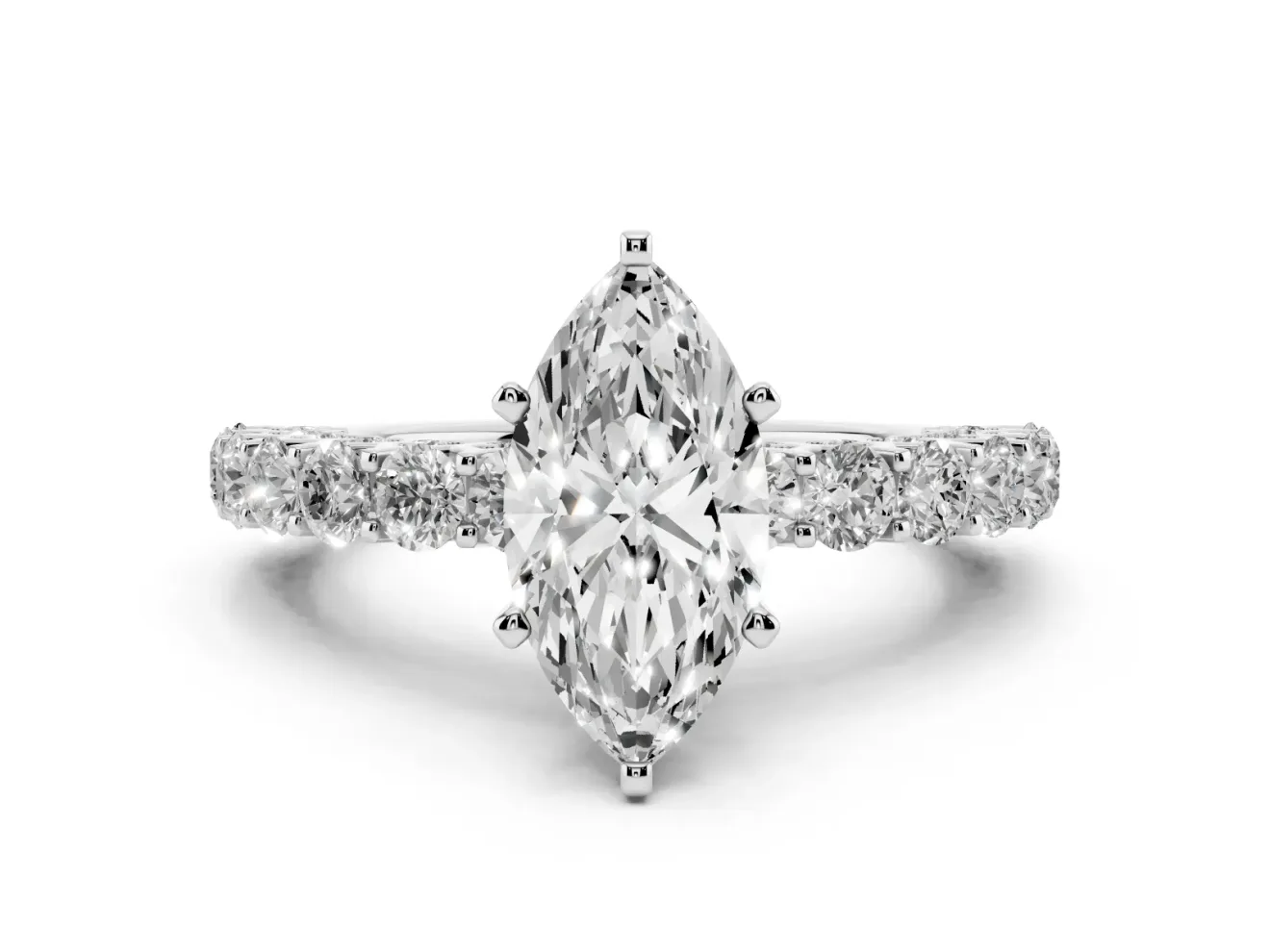 Marquise Cut Diamond Solitaire Ring Set in Platinum with Shared Prong Pavé Band