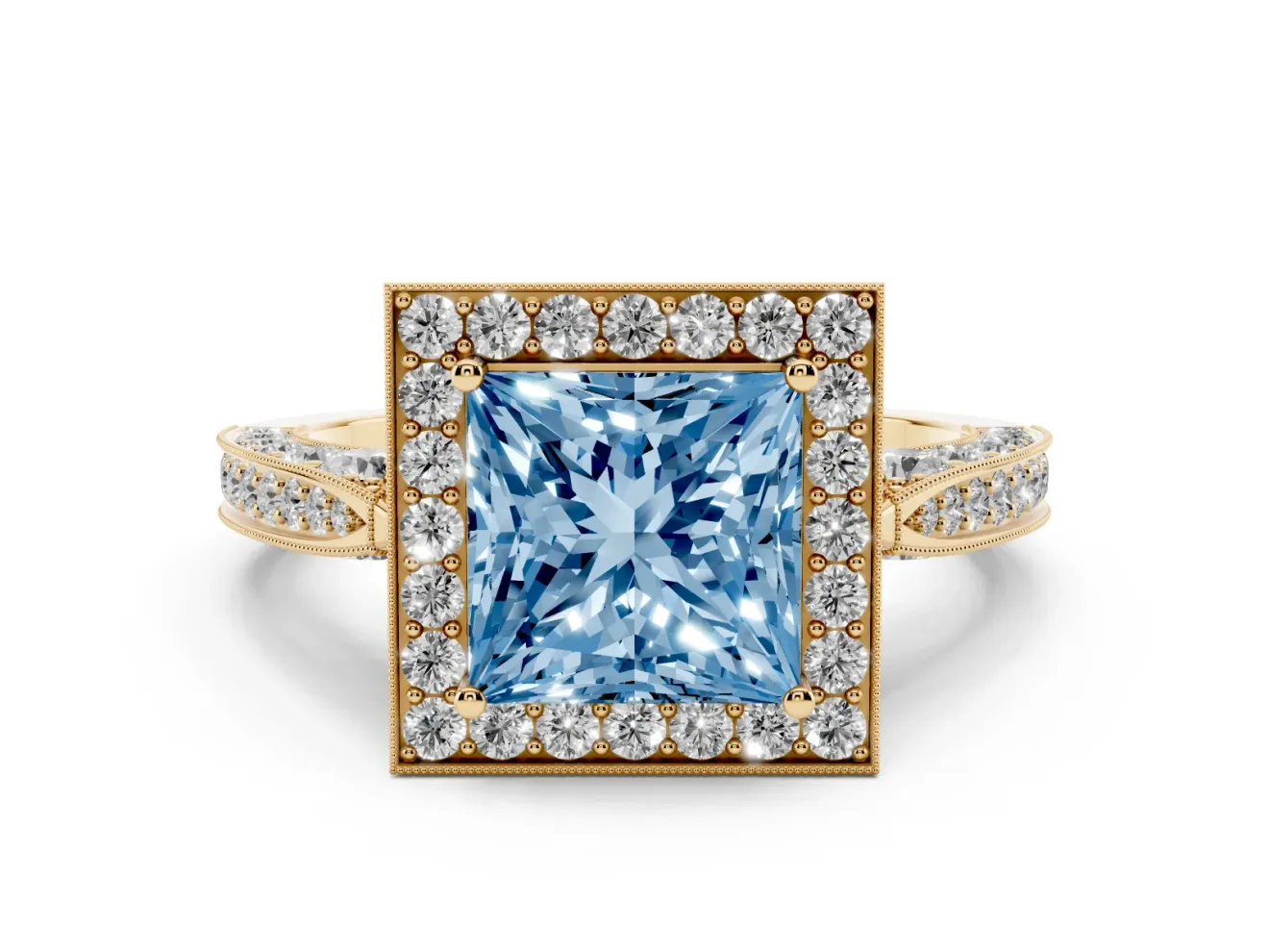 Princess Cut Milgrain Halo Engagement Ring Setting for a Fancy Blue Lab-Grown Diamond | Side Stones | Yellow Gold