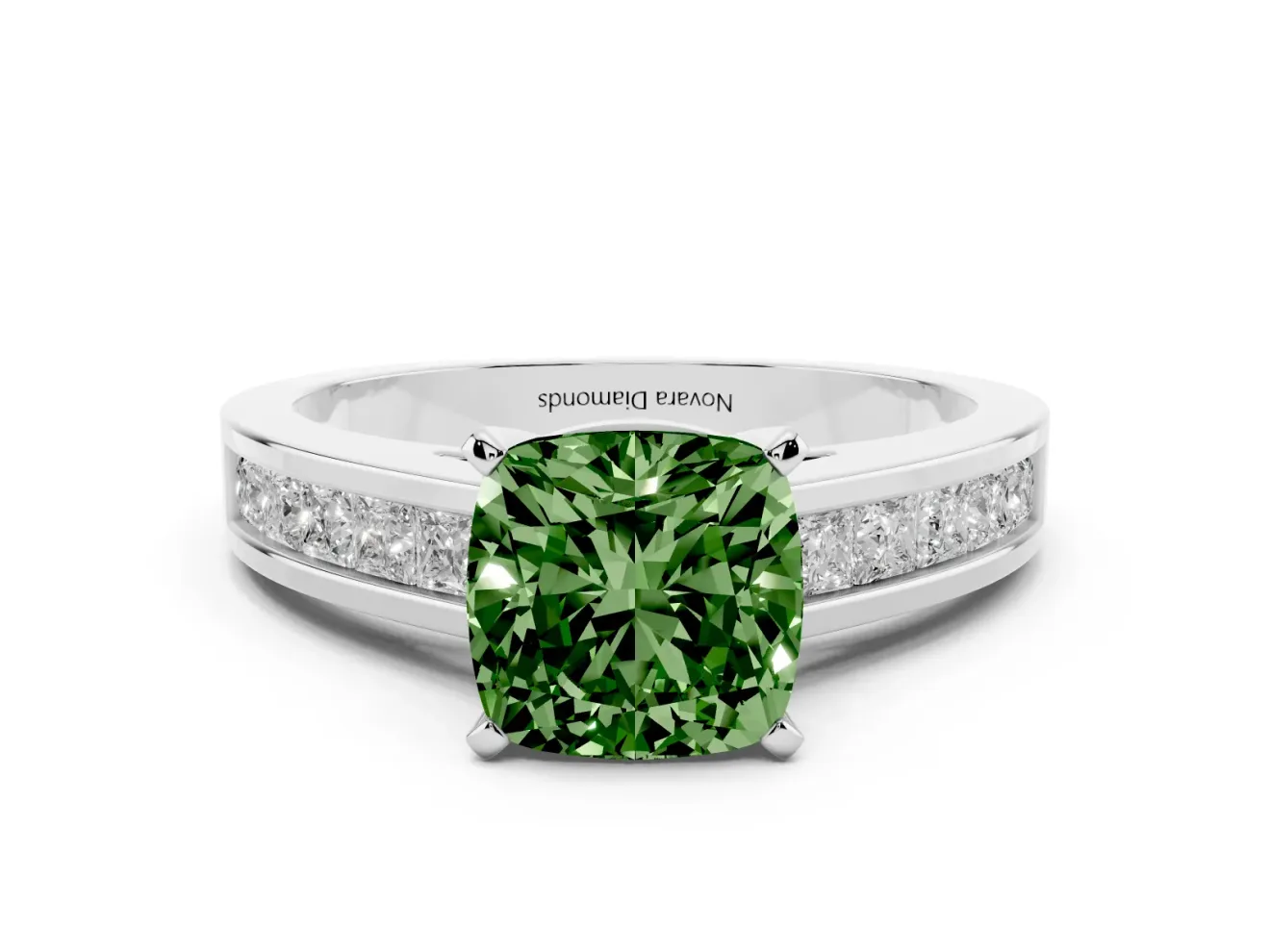 Fancy Green Cushion Cut Diamond Solitaire Ring Set in Platinum with Channel-Set Band and Prong Setting