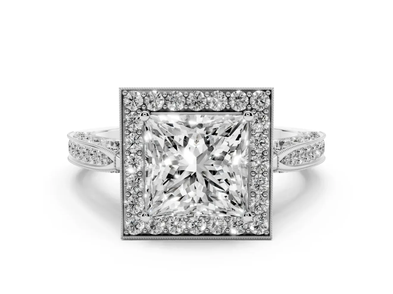 Princess Cut Vintage Milgrain Halo Engagement Ring Setting | Side Stones and Pave | Platinum