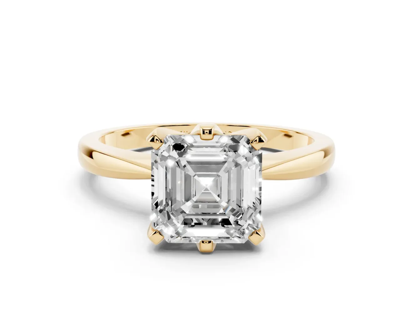 Asscher Cut Diamond Solitaire Engagement Ring Set in Yellow gold with Slim Tapered Solitaire Band
