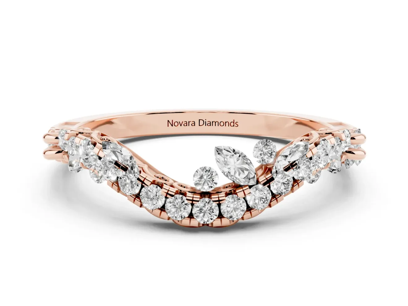 Round Diamond Curved Wedding Band Set in Rose gold with Pavé Shared Prong Setting