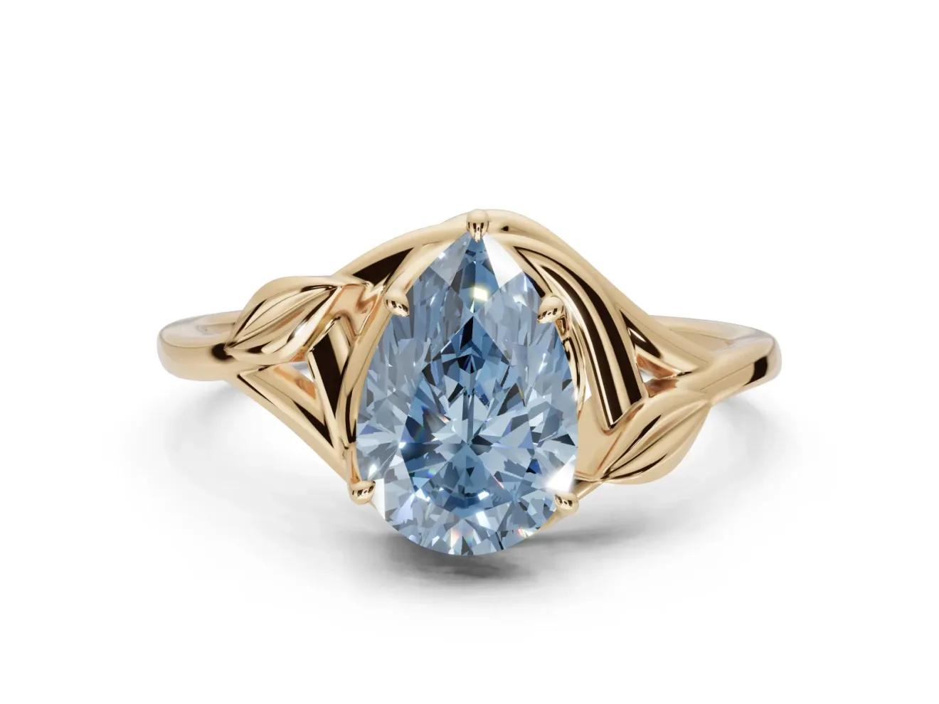 Pear-Shaped Leaf Bypass Solitaire Engagement Ring Setting for a Fancy Blue Lab-Grown Diamond | Yellow Gold
