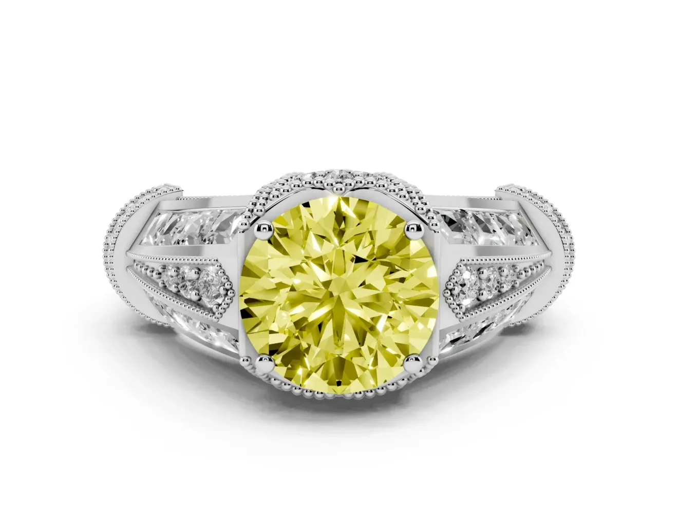 Fancy Yellow Round Cut Diamond Vintage-Inspired Milgrain Ring Set in White gold with Accent Split Shank
