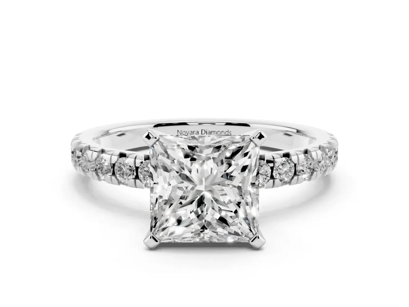Princess Cut Diamond Solitaire Pavé Engagement Ring Set in White gold with Round Band and Prong Setting