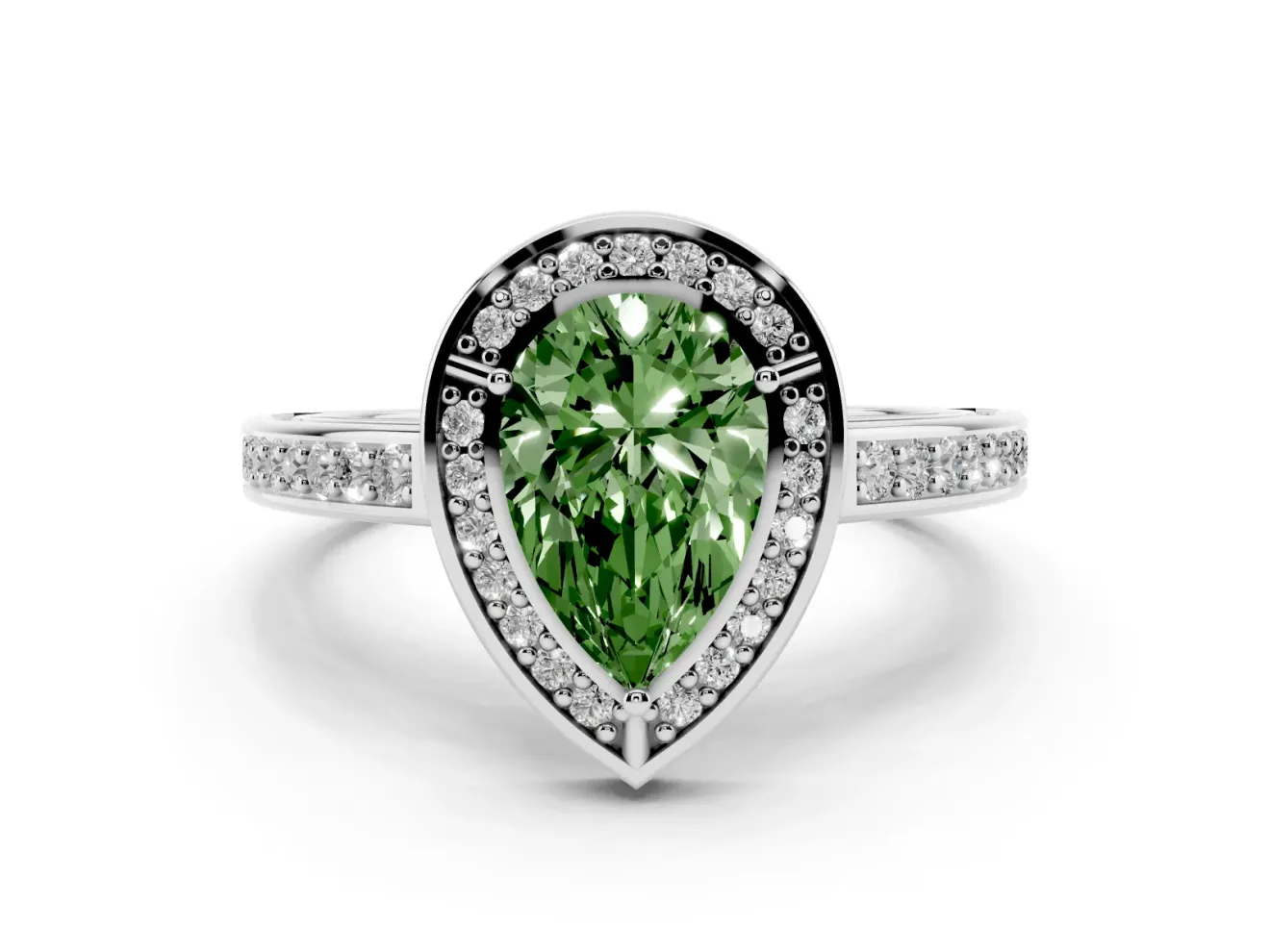 Fancy Green Pear Cut Diamond Halo Pavé Split Shank Ring Set in White gold with Prong Setting