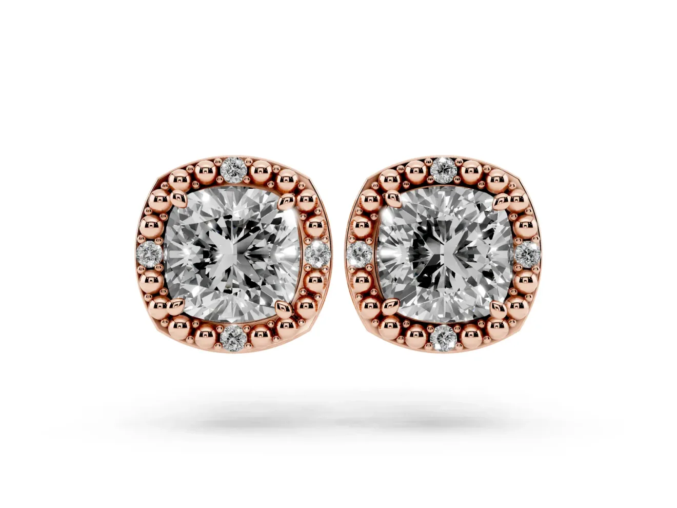Cushion Cut Lab-Grown Diamond Beaded Halo Stud Earrings | Four Round Accents | Rose Gold