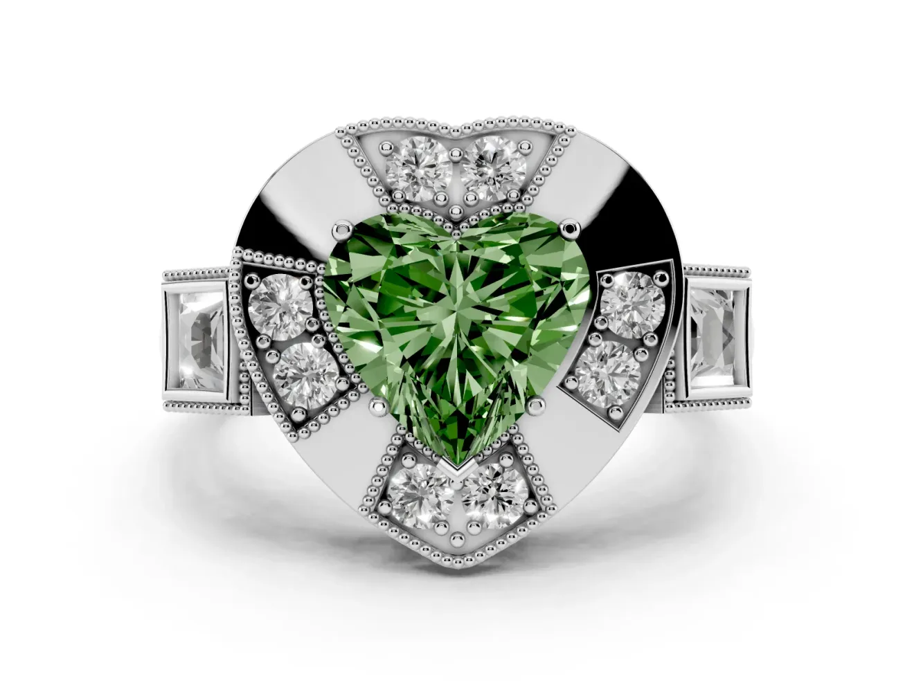Fancy Green Heart Cut Diamond Milgrain Halo Ring Set in White gold with Split Shank