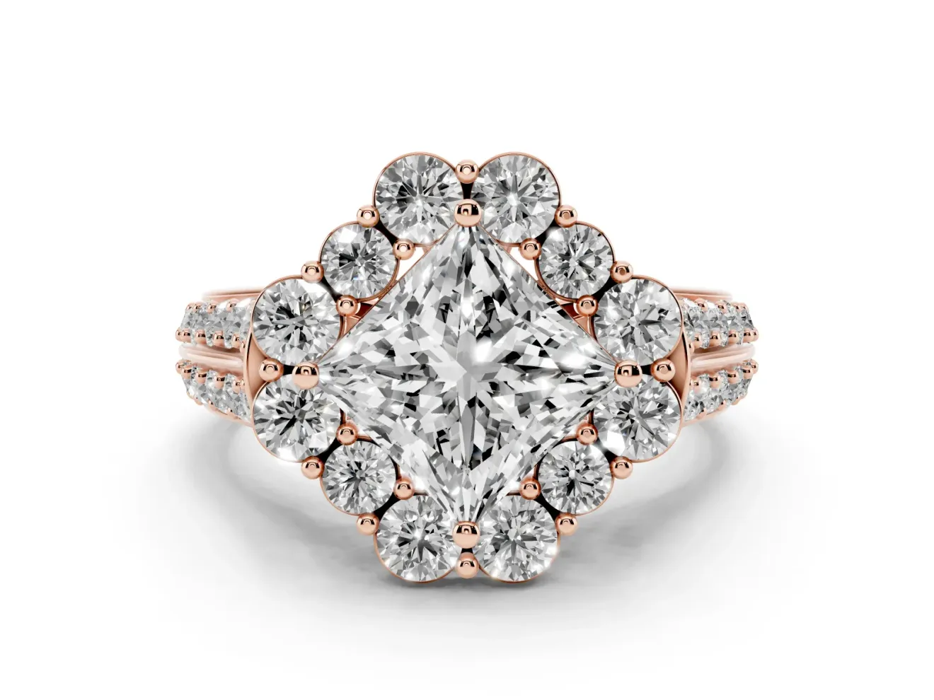 Princess Cut Diamond Halo Engagement Ring Set in Rose gold with Split Shank and Prong Setting