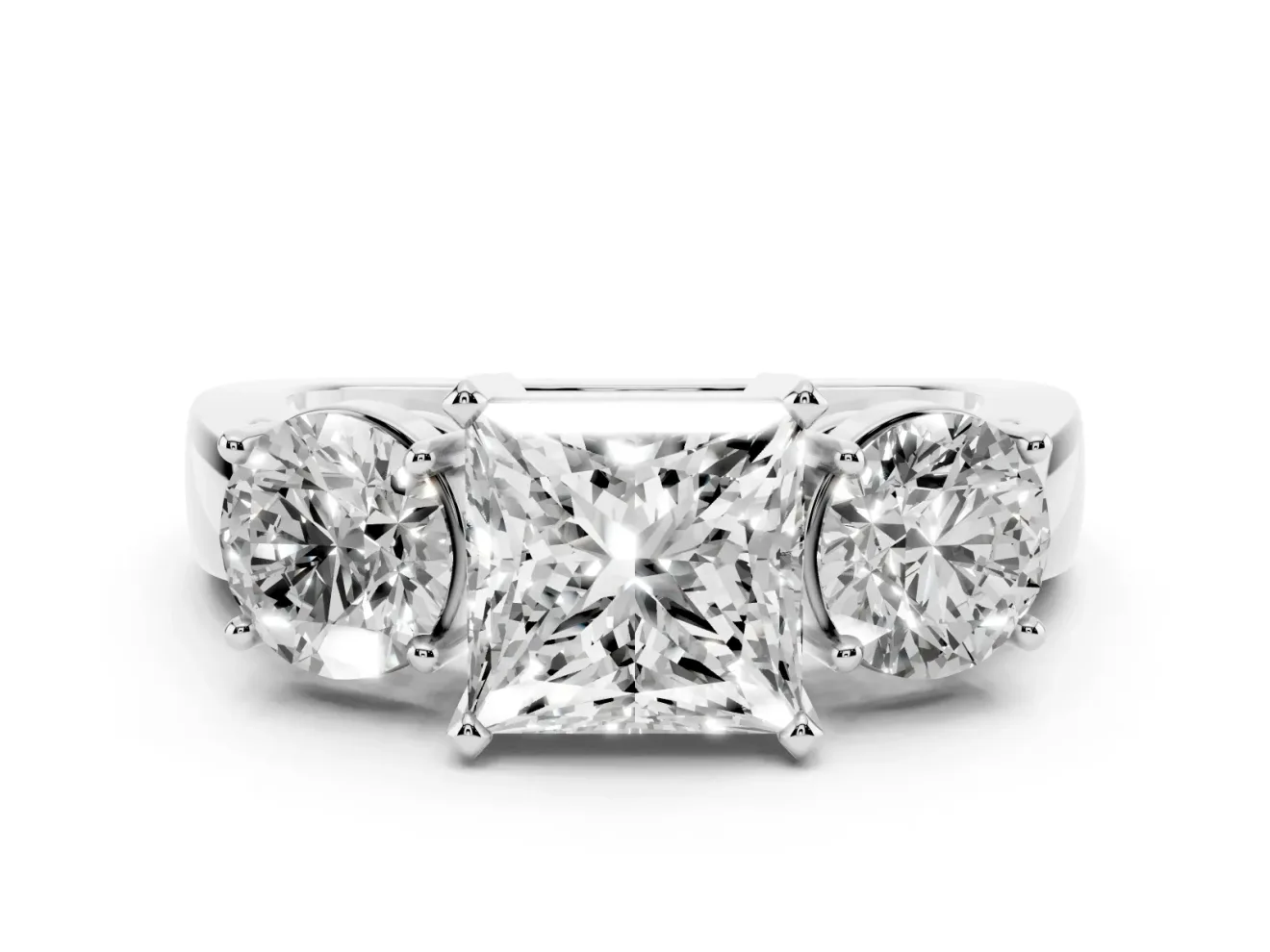 Princess Cut Three Stone Engagement Ring Setting | Wide Plain Band | Sterling Silver