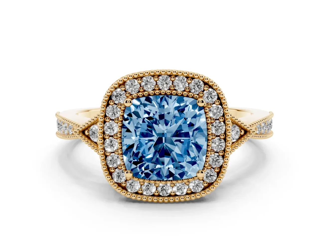 Fancy Blue Cushion Cut Diamond Halo Engagement Ring Set in Yellow gold with Milgrain Pavé Band