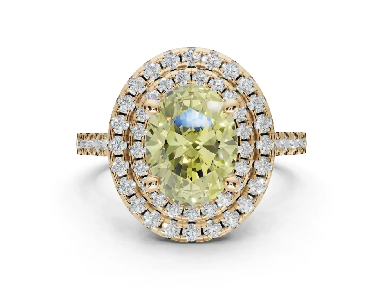 Canary Yellow Oval Lab-Grown Diamond Double Halo Statement Ring Set in Yellow Gold with Pavé Band
