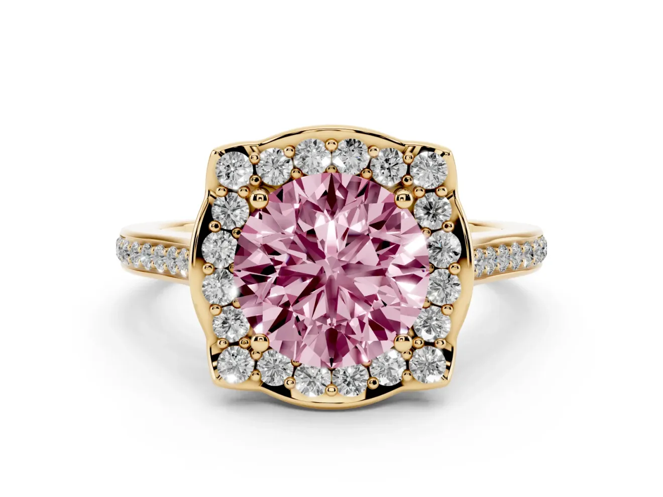 Round Halo Engagement Ring Setting for a Fancy Pink Lab-Grown Diamond | Petal Tips | Yellow Gold