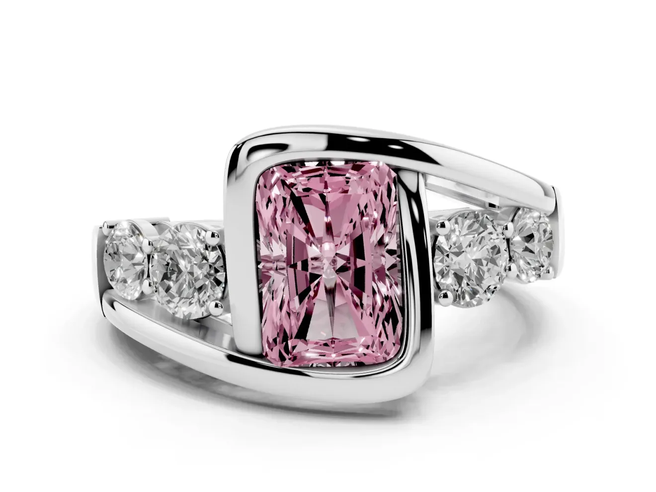 Fancy Pink Radiant Cut Diamond Bezel Bypass Ring Set in White gold with Round Accents