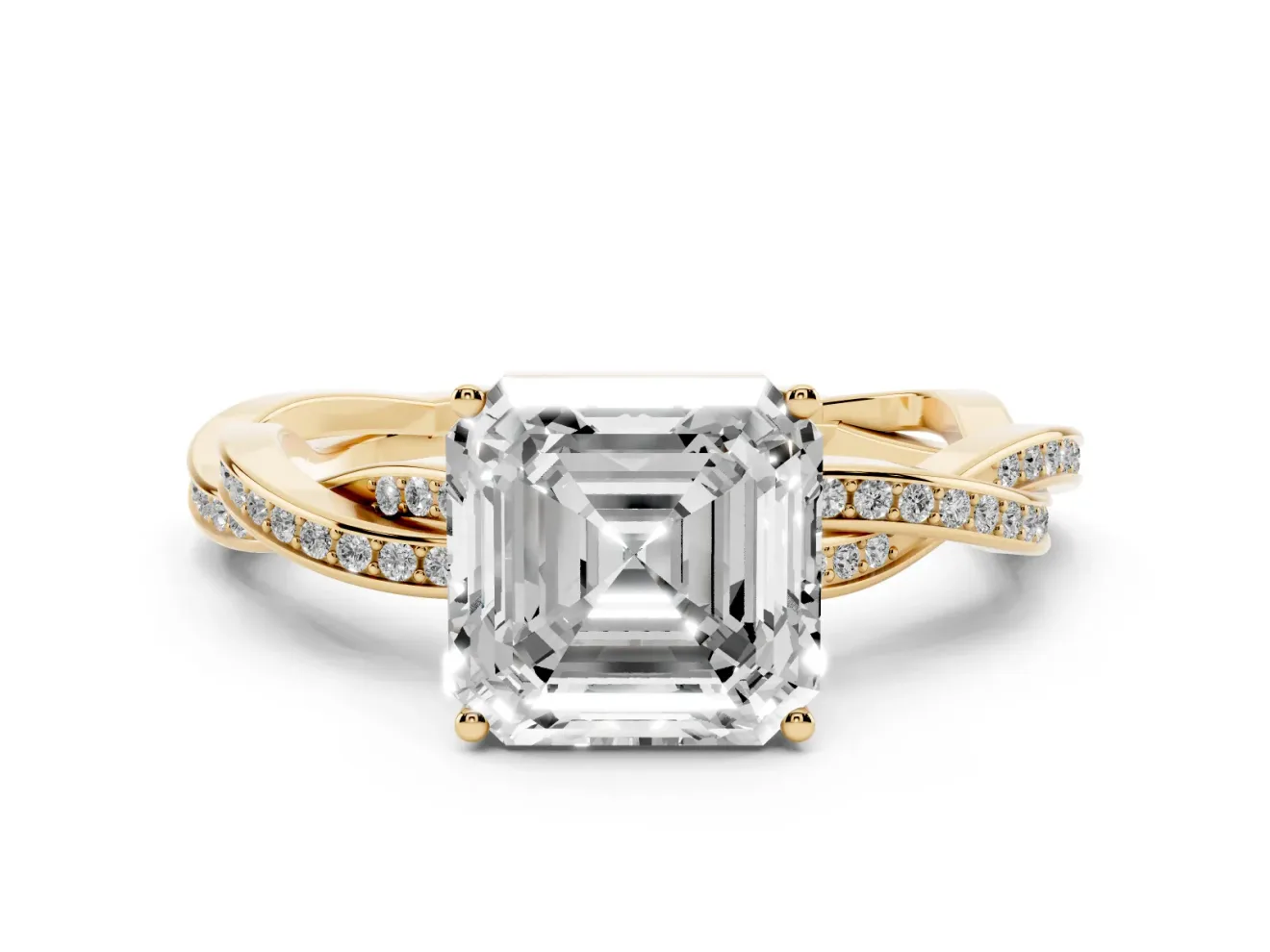Asscher Cut Diamond Solitaire Twisted Pavé Ring Set in Yellow gold with Prong Setting