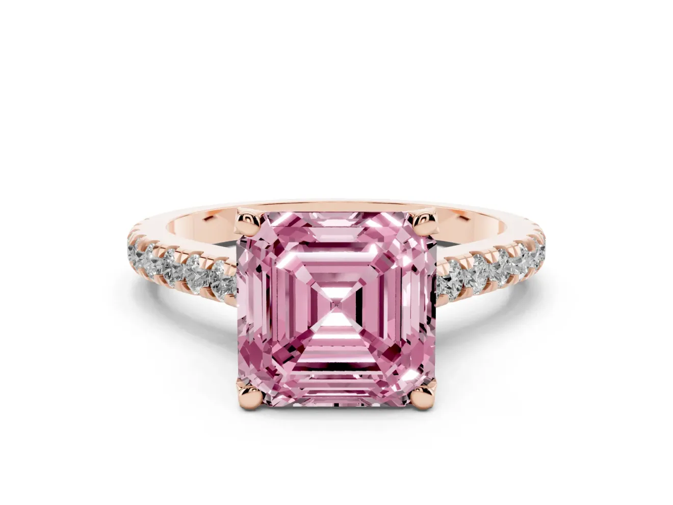 Asscher Cut Hidden Halo Pave Engagement Ring Setting for a Fancy Pink Lab-Grown Diamond | Claw Prongs | Rose Gold