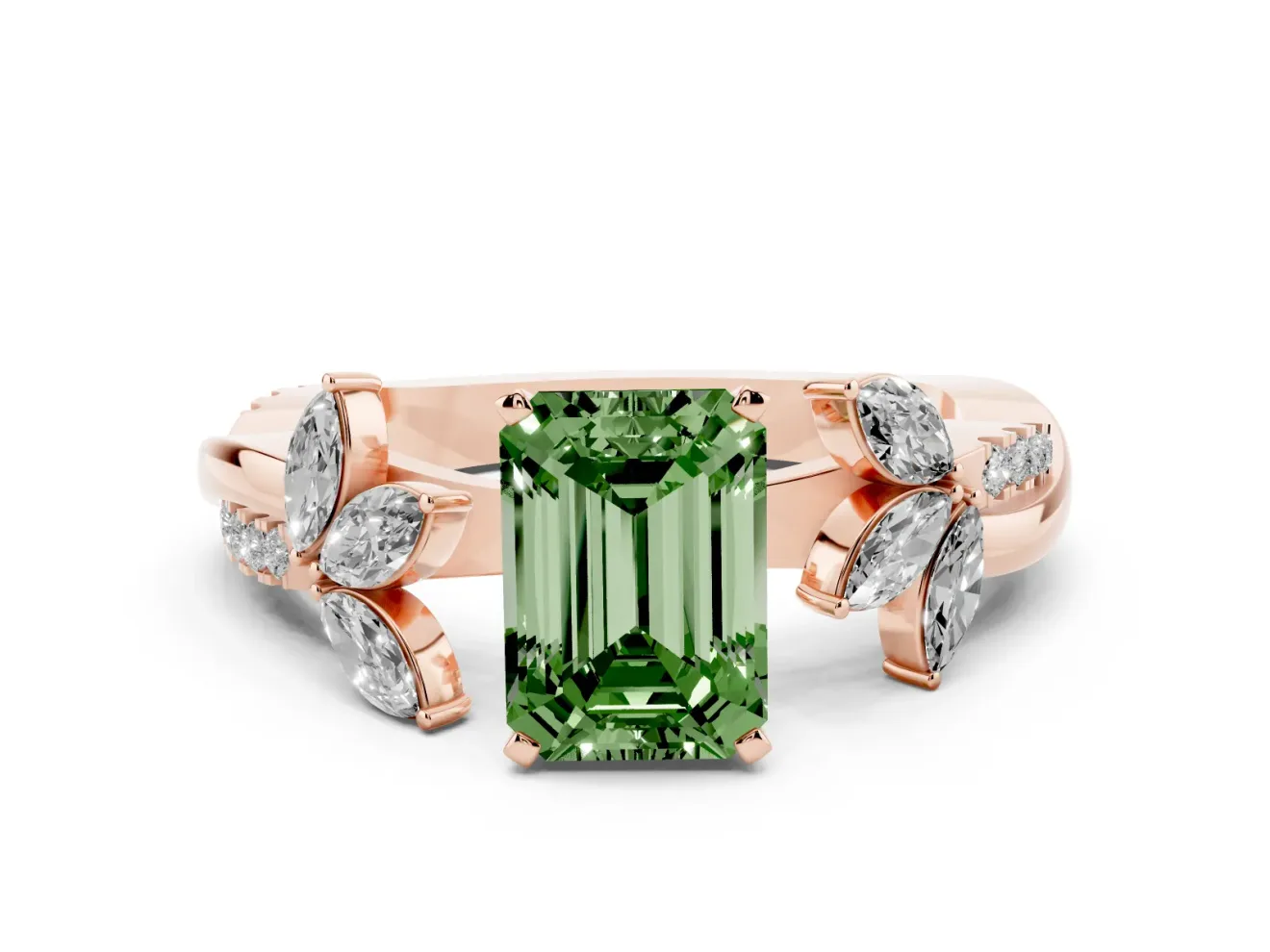 Fancy Green Emerald Cut Diamond Floral Vine Solitaire Engagement Ring Set in Rose gold with Marquise Leaves