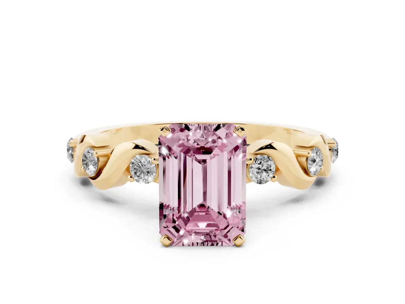 Fancy Pink Emerald Cut Diamond Solitaire Ring Set in Yellow gold with Ribbon Twist Band, Round Accents and Prong Setting