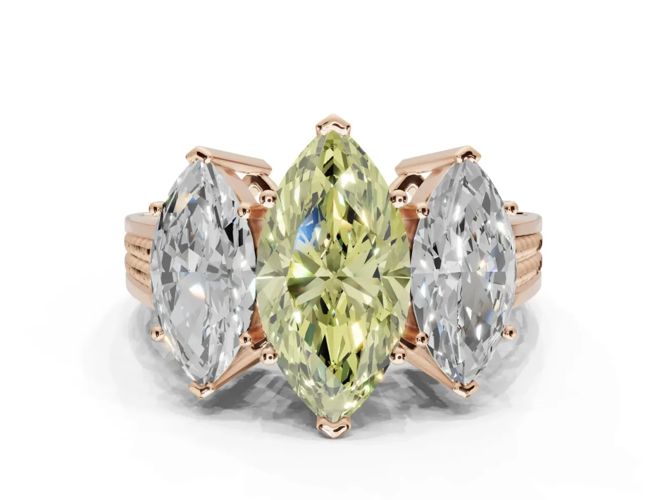 Marquise Three Stone Engagement Ring Setting for a Fancy Yellow Lab-Grown Diamond | Beaded Shoulders | Rose Gold