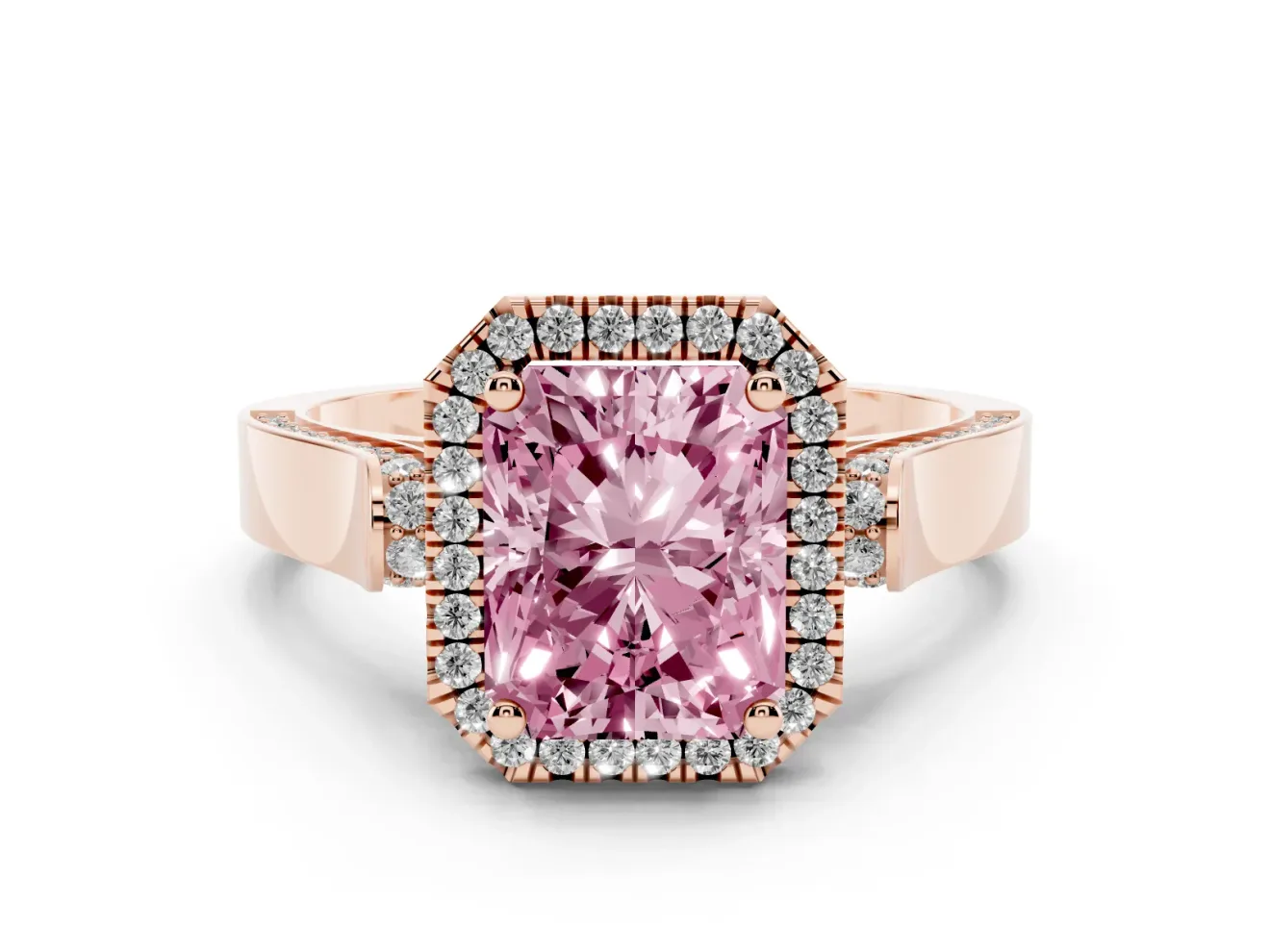 Fancy Pink Radiant Cut Diamond Halo Ring Set in Rose gold with Pavé-Lined Split Shank Band