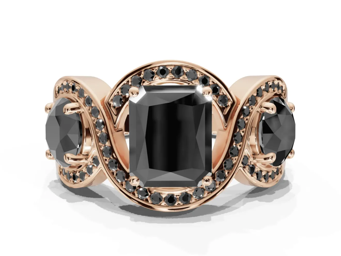 Radiant Cut Three Stone Halo Engagement Ring Setting for a Black Center | Pavé Wave Band | Rose Gold