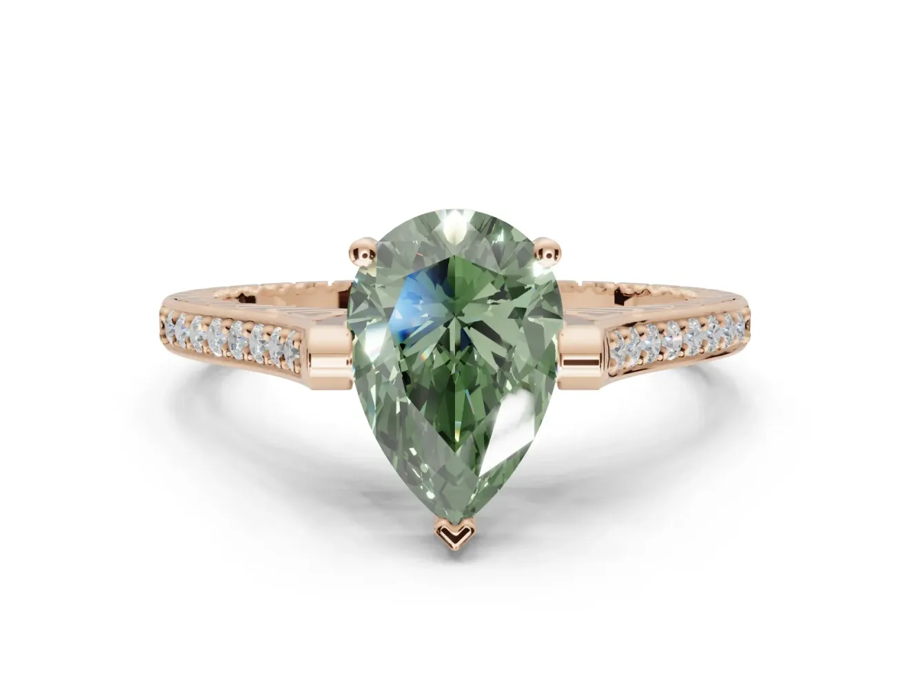 Pear-Shaped Vintage Cathedral Engagement Ring Setting for a Fancy Green Lab-Grown Diamond | Carved Band | Rose Gold