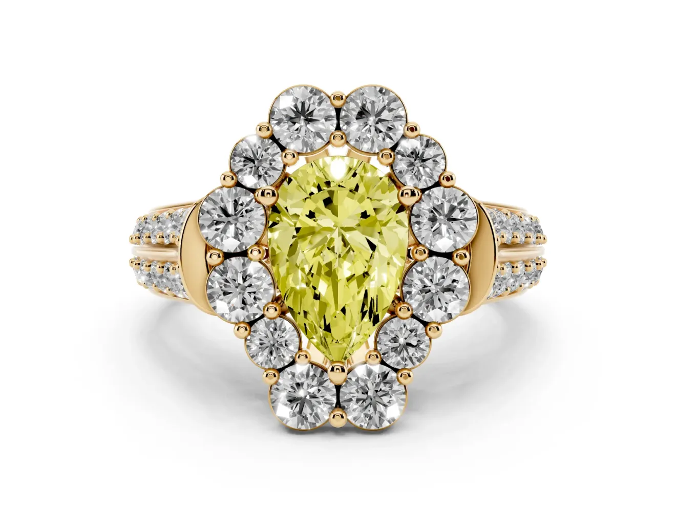 Fancy Yellow Pear Cut Diamond Halo Engagement Ring Set in Yellow gold with Split Shank and Prong Setting