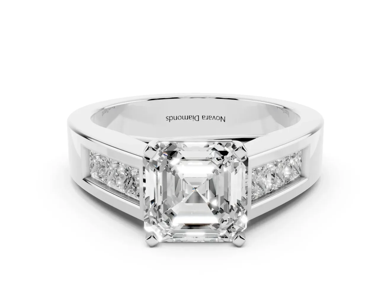 Asscher Cut Channel-Set Engagement Ring Setting | Princess Side Stones | White Gold