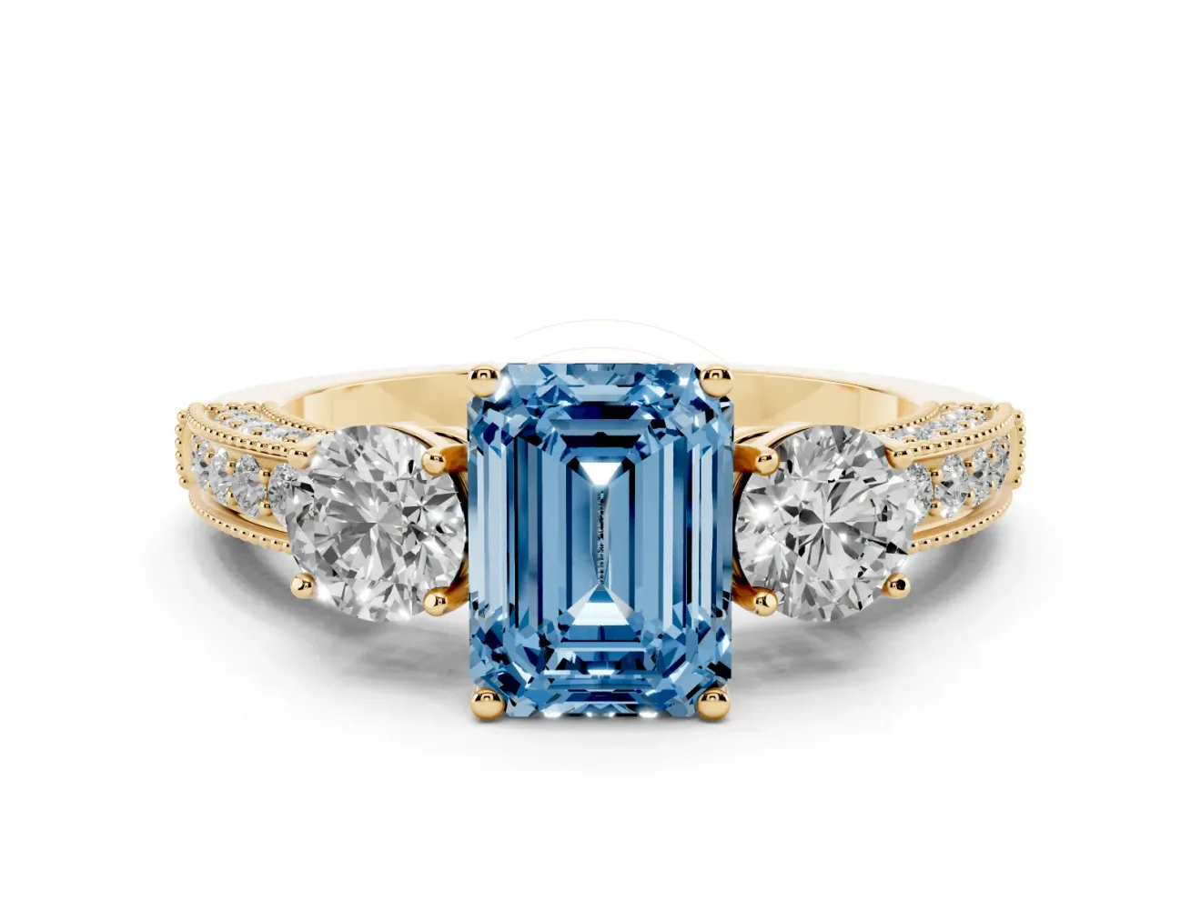 Fancy Blue Emerald Cut Diamond Three-Stone Ring Set in Yellow gold with Round Side Stones and Pavé Band