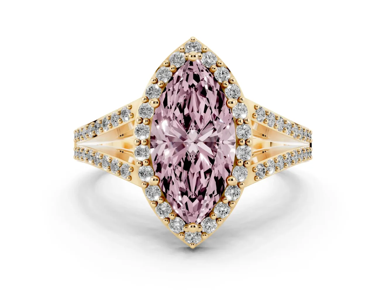 Marquise Split Shank Halo Engagement Ring Setting for a Fancy Pink Lab-Grown Diamond | Yellow Gold
