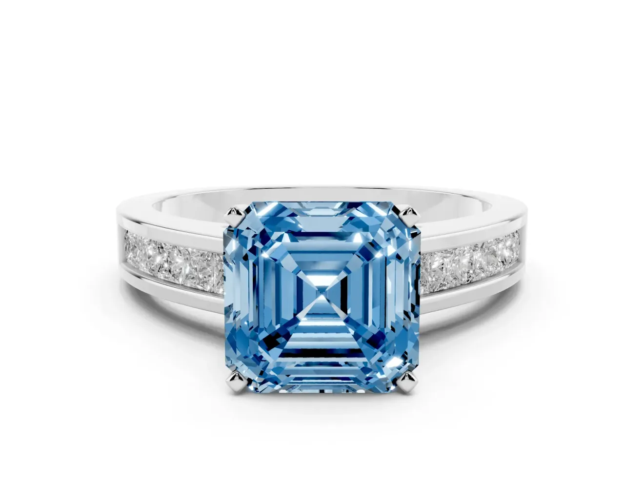Fancy Blue Asscher Cut Diamond Solitaire Ring Set in Silver with Channel-Set Band and Prong Setting