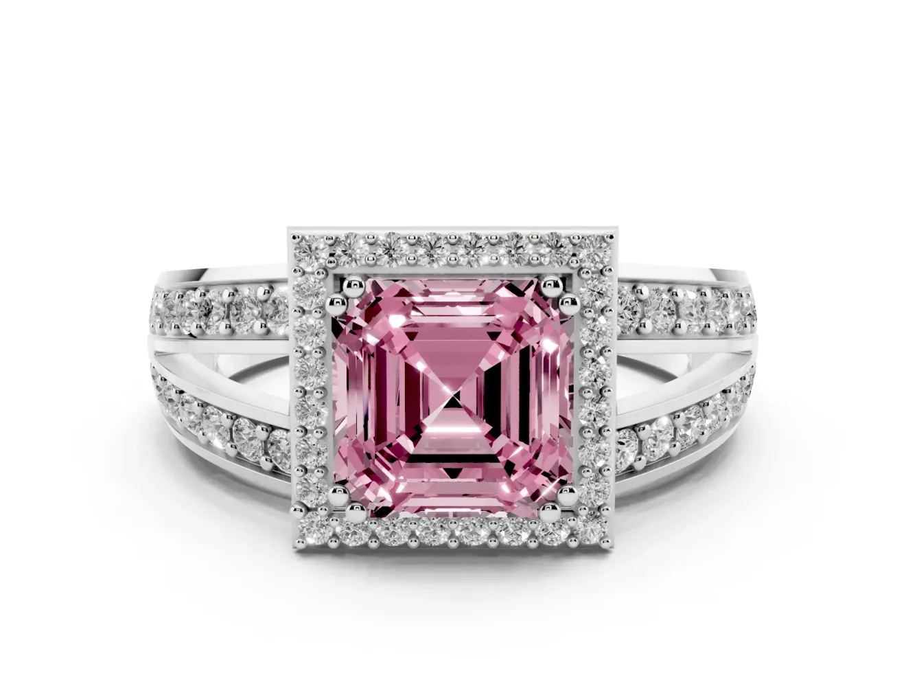 Asscher Cut Halo Engagement Ring Setting for a Fancy Pink Lab-Grown Diamond | Two-Row Pave Split Shank | Platinum