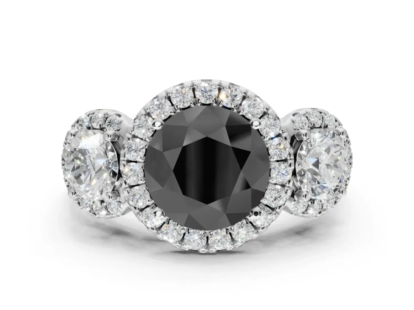 Round Three Stone Halo Engagement Ring Setting for a Black Center | Haloed Side Stones | White Gold