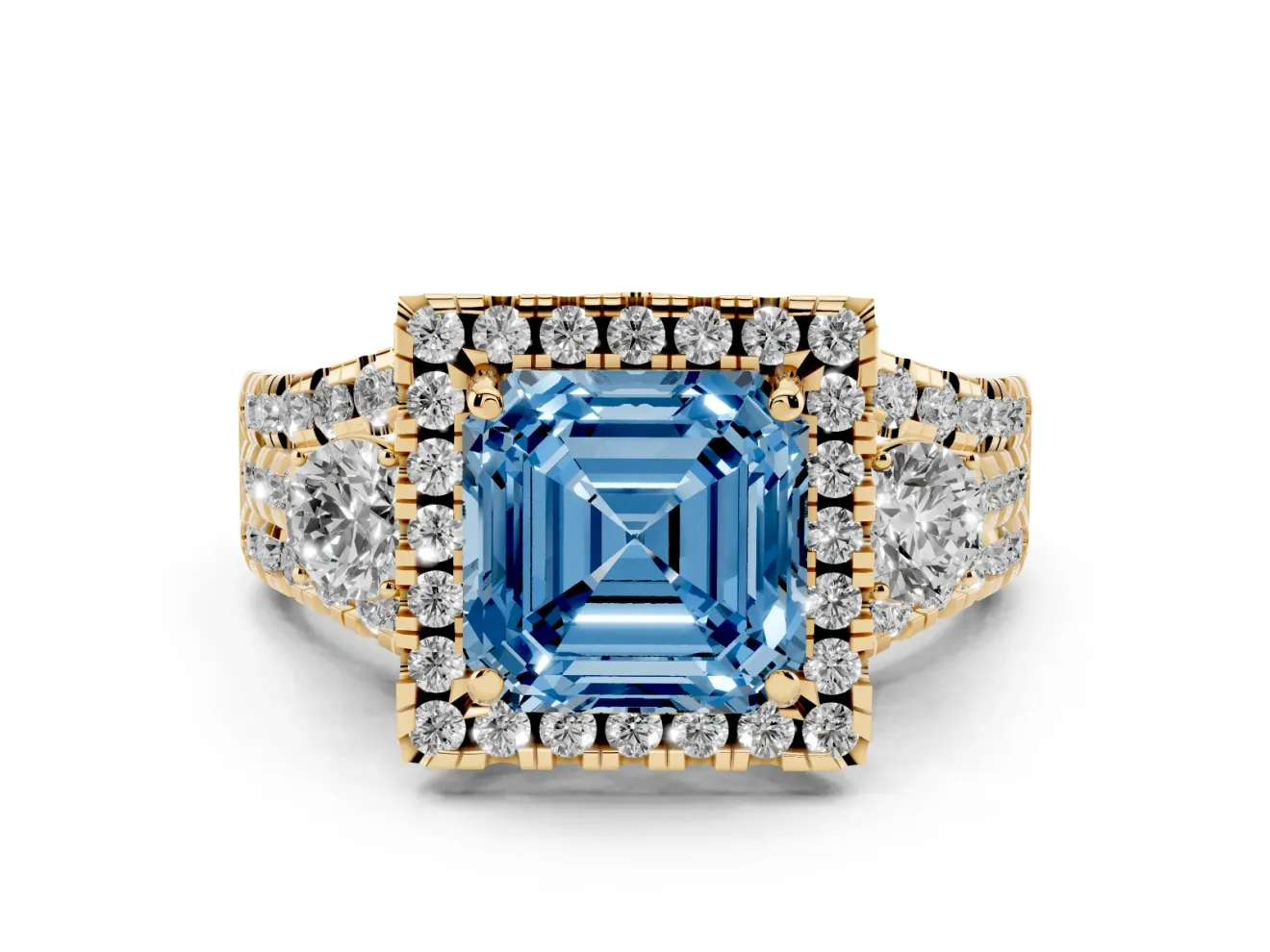 Asscher Cut Halo Split Shank Engagement Ring Setting for a Fancy Blue Lab-Grown Diamond | Yellow Gold