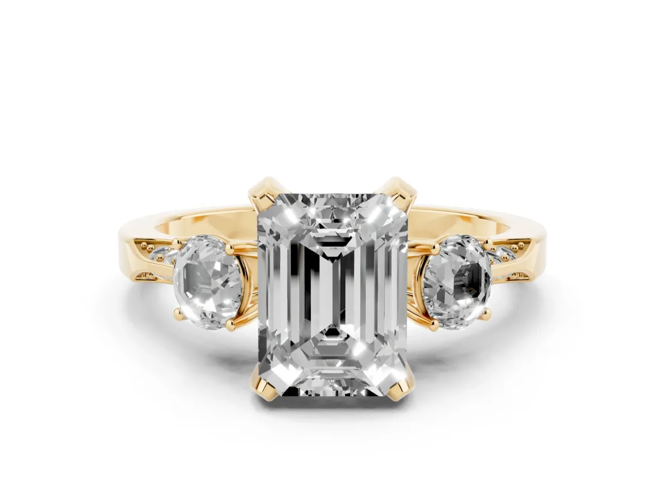 Emerald Cut Hidden Halo Three Stone Engagement Ring Setting for a Black Center | Yellow Gold