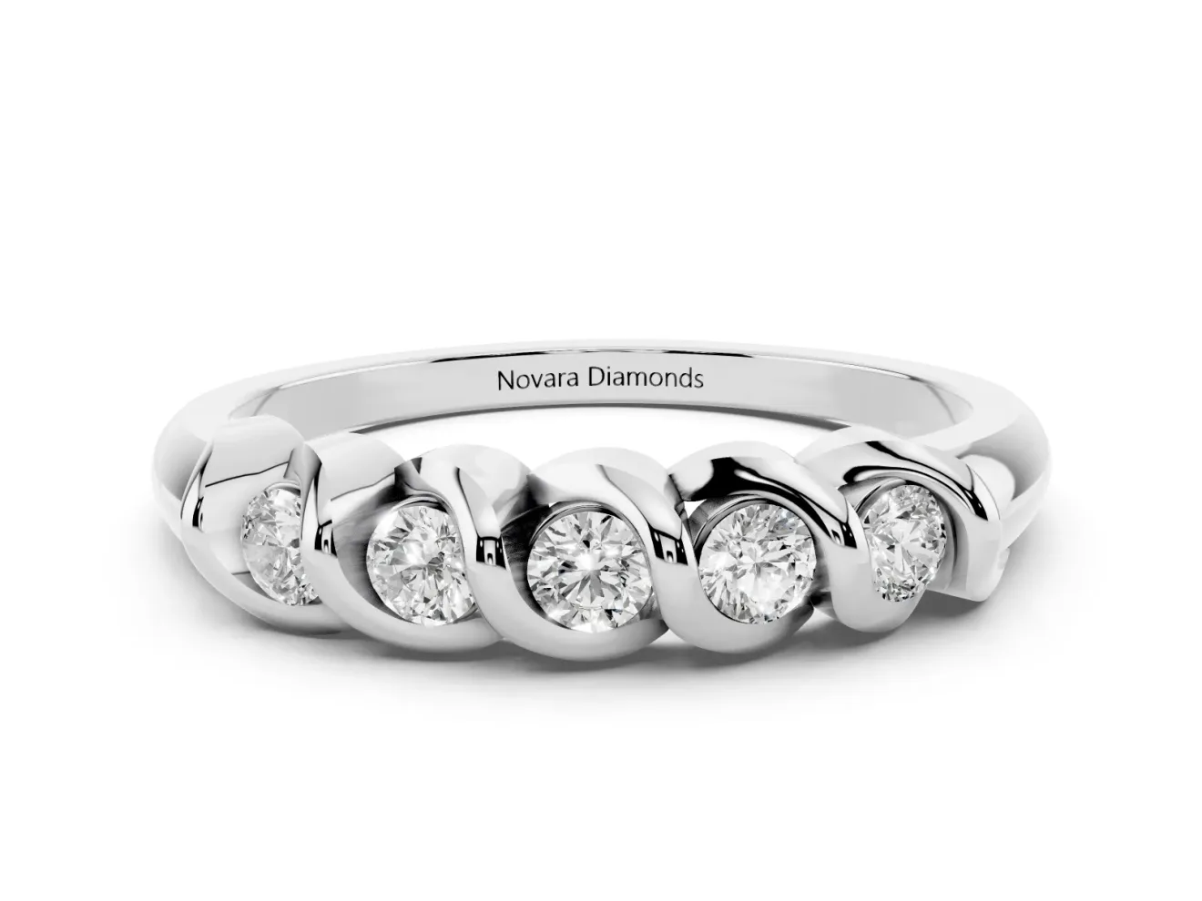 Round Lab-Grown Diamond Five Stone Wedding Band | Swirl Bezel Set | White Gold