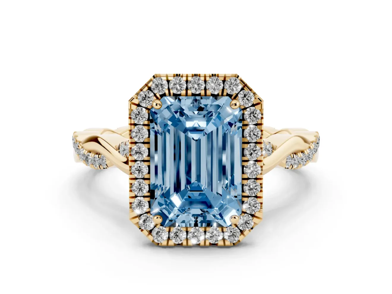 Emerald Cut Twist Halo Engagement Ring Setting for a Fancy Blue Lab-Grown Diamond | Yellow Gold
