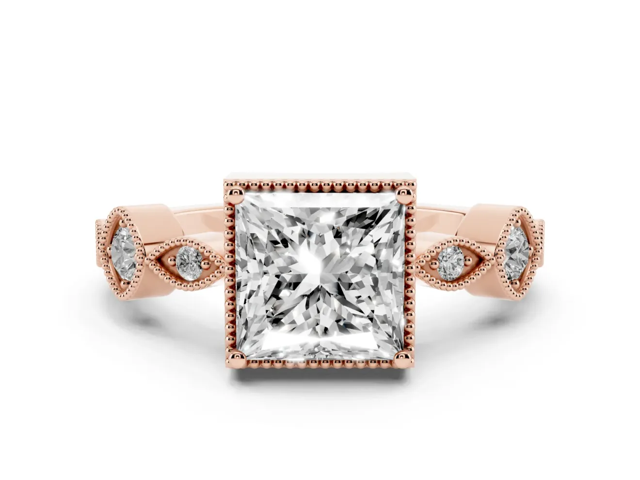 Princess Cut Diamond Vintage-Inspired Milgrain Ring Set in Rose gold with Marquise Stations of Round Accents