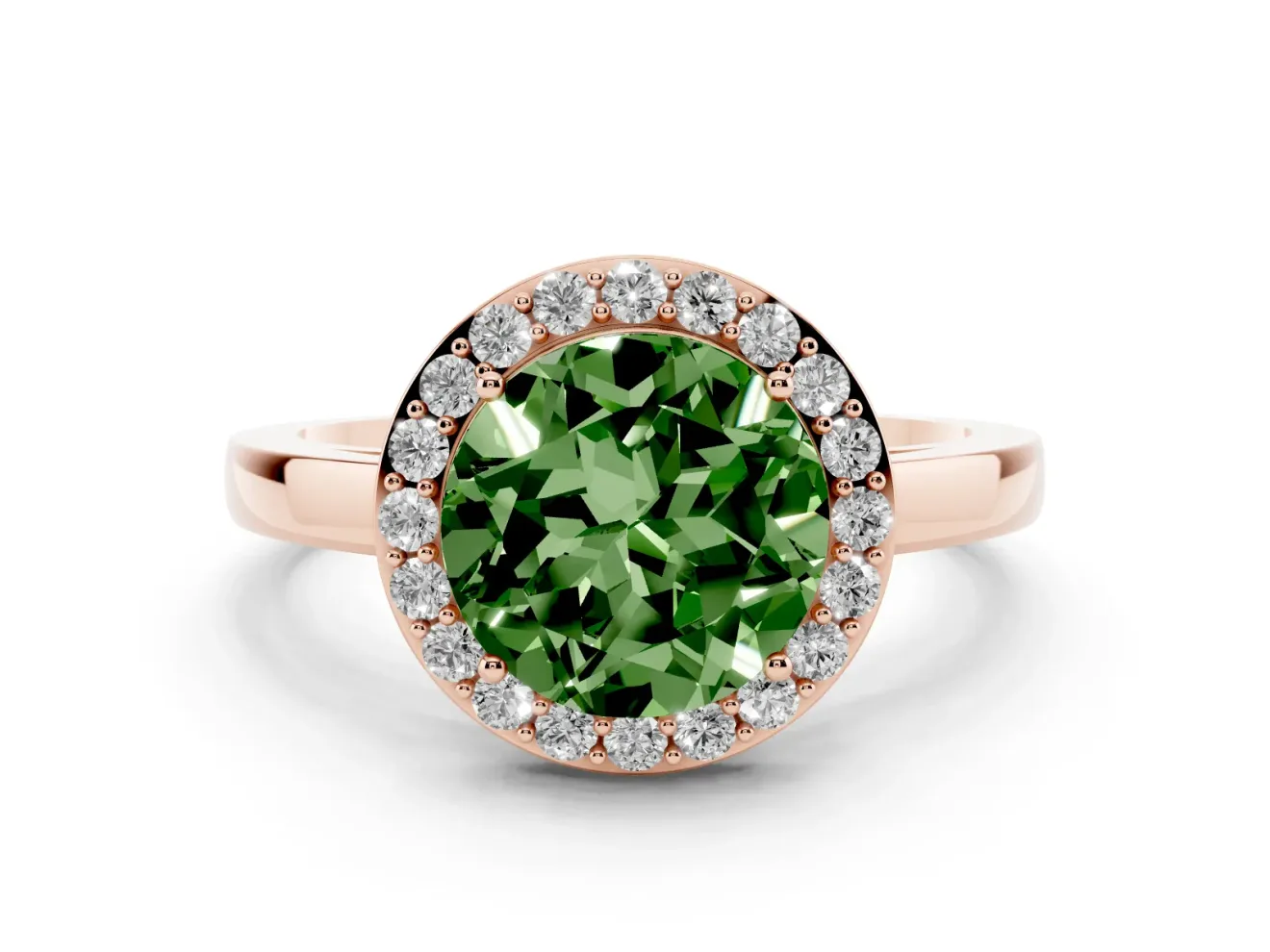 Round Thin Halo Engagement Ring Setting for a Fancy Green Lab-Grown Diamond | Plain Band | Rose Gold