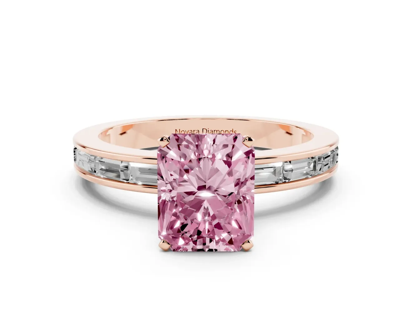 Fancy Pink Radiant Cut Diamond Solitaire Ring Set in Rose gold with Channel-Set Baguette Band and Prong Setting